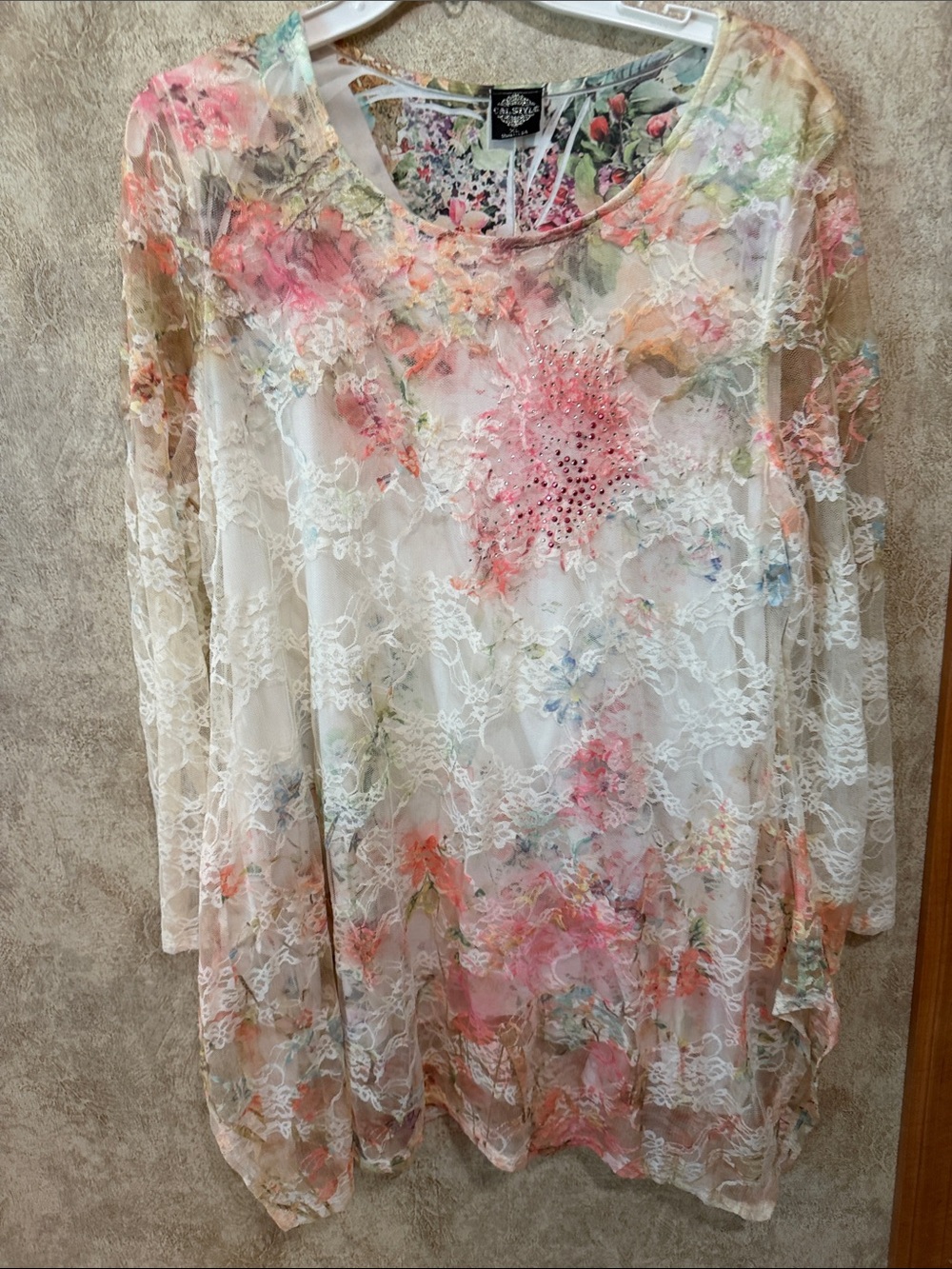 Floral Lace Overlay Blouse in White and Pink